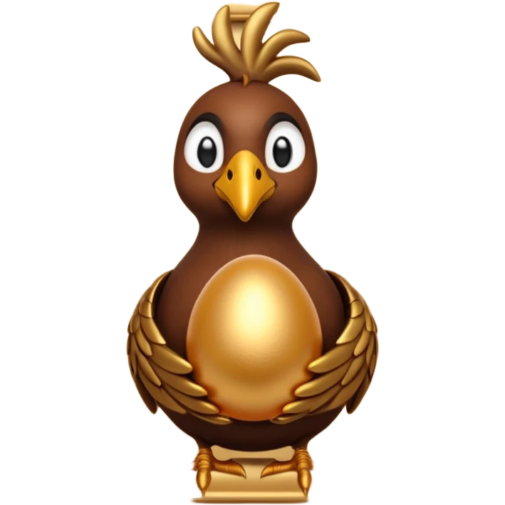 A 3D cartoon Sankofa bird with its head gracefully turned backward holding a golden egg in its beak, symbolizing learning from the past, single bird in frame, gold and brown tones, clean black background, Memoji-style rendering emoji