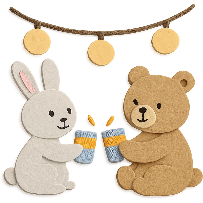 bunny and bear clinking juice cups under string lights, paper craft style, textured paper look emoji
