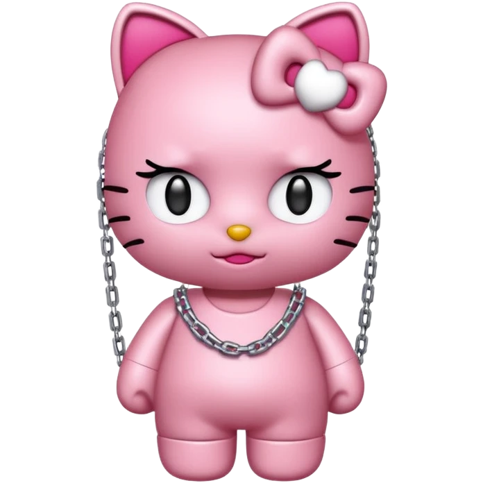 Hello Kitty with blockchain elements, chains and digital tokens, cute emoji style emoji