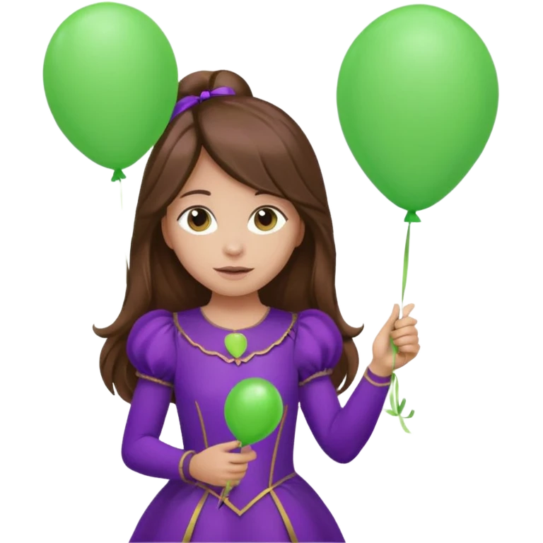 girl with long brown hair and purple costumes, holding green balloon emoji