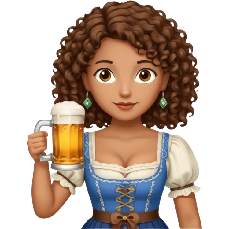 A woman with brown, shoulder-length curly hair and brown eyes she is wearing a dirndl and holding a beer stein emoji