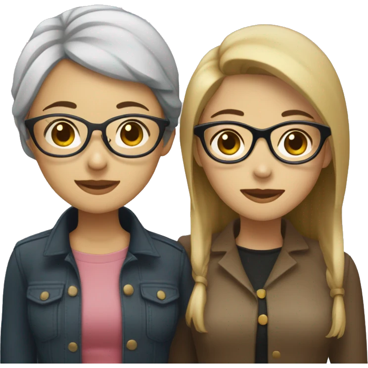 Two women, one Asian with glasses and black hair, one Caucasian with dark blonde hair, embracing  emoji