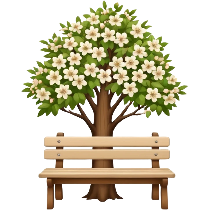 beautiful beige bench and beautiful white blooming tree emoji