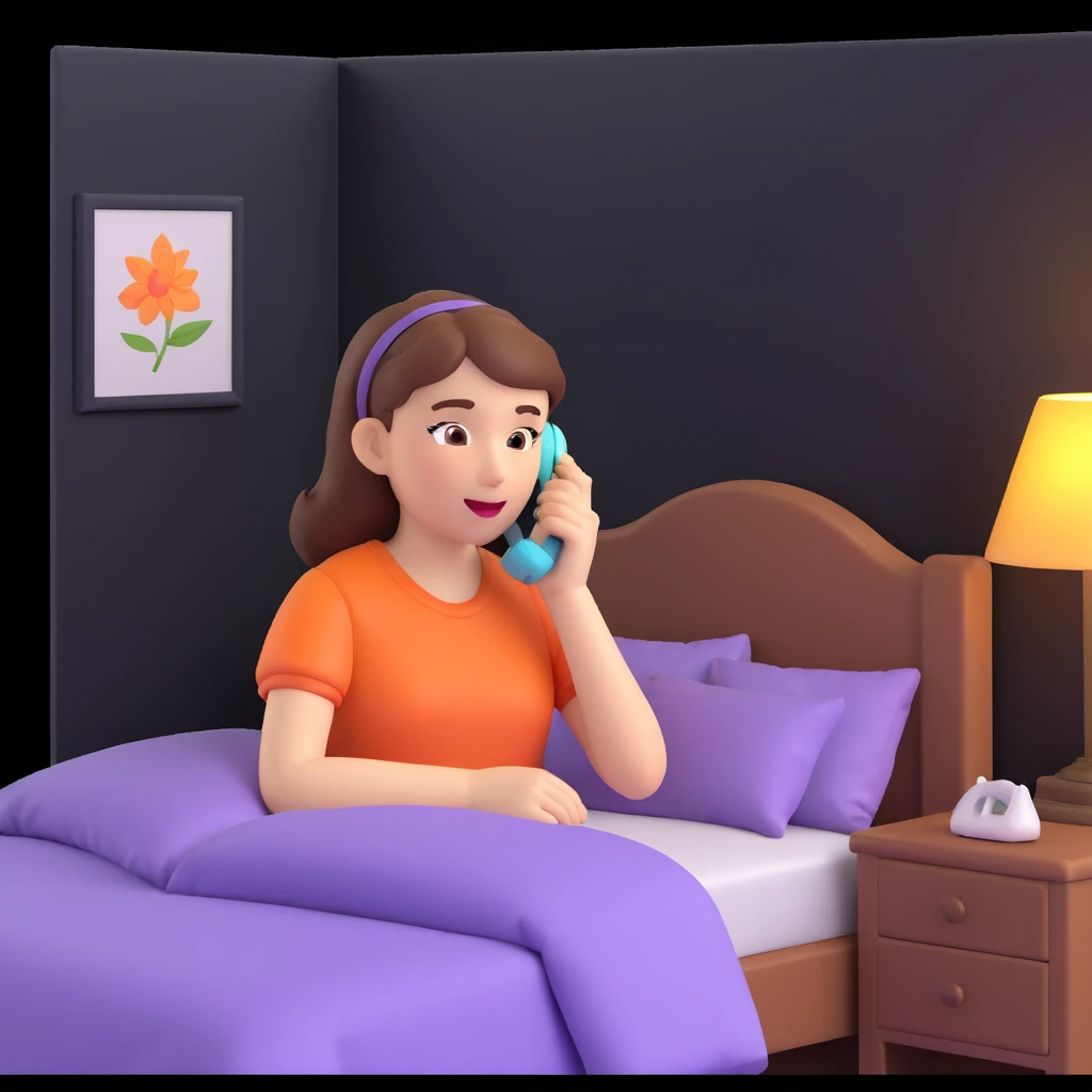 girl talking on phone bedroom background, close up pose emoji