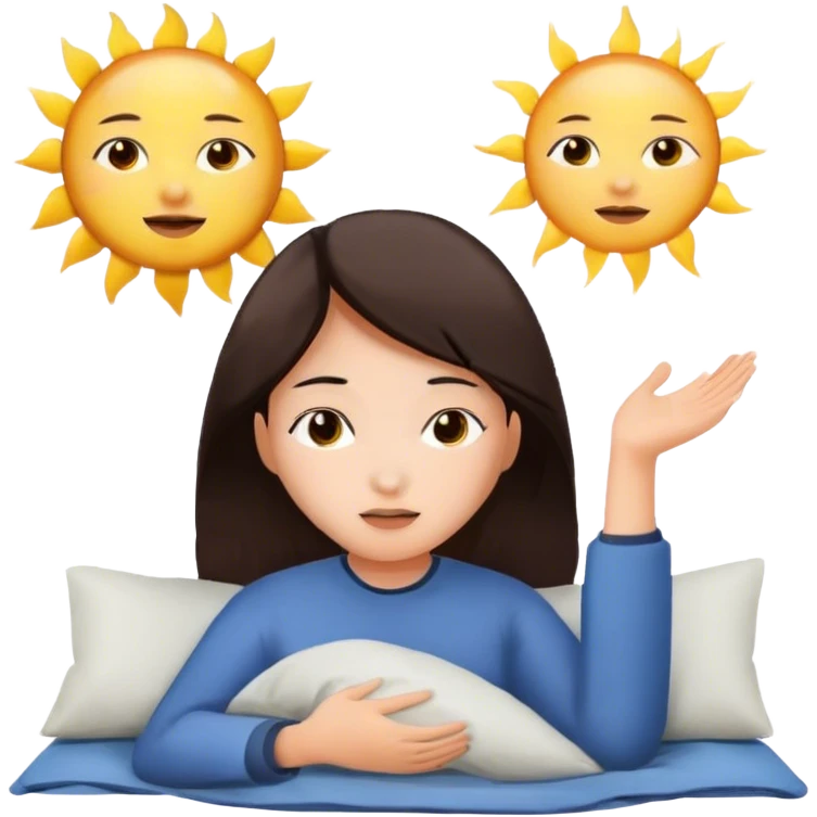 brunette Asian girl waking up in the morning with sun emoji