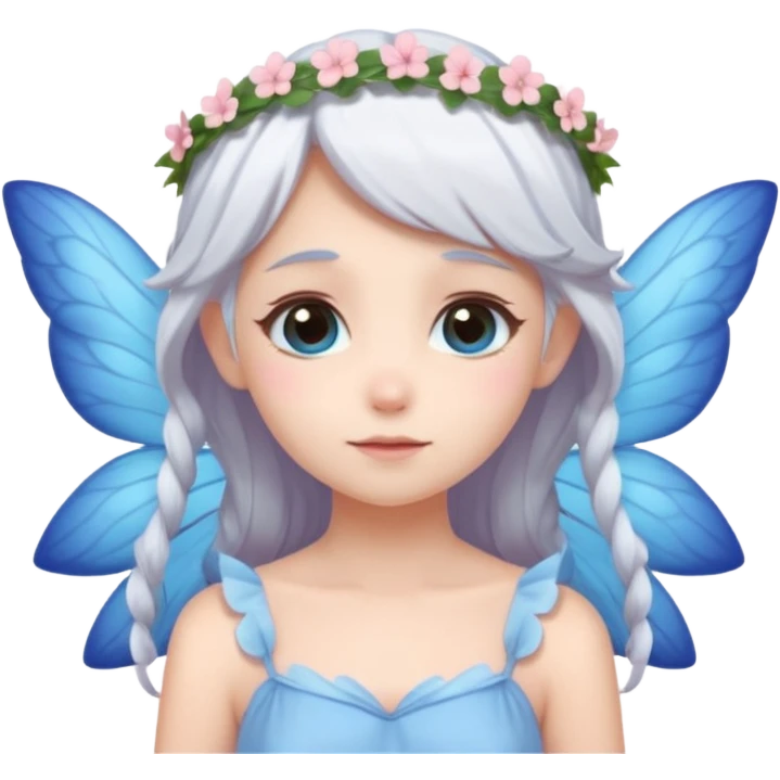 A shy white hair fairy with soft blue wings with flower smallcrown emoji