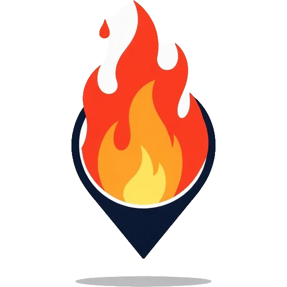 A map location pin marker on fire with flames coming out the top emoji