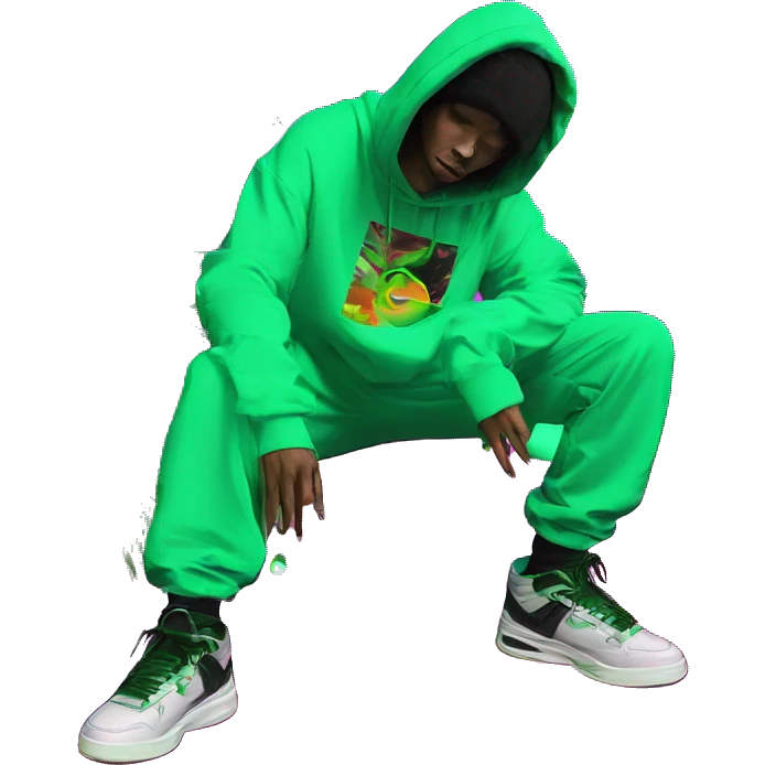 Multicoloured neon black and green graffiti person smoking wearing hoodie dancing hip hop bucket hat tropical Skater fashion aesthetic baggy clothes graphic t shirt 420 emoji