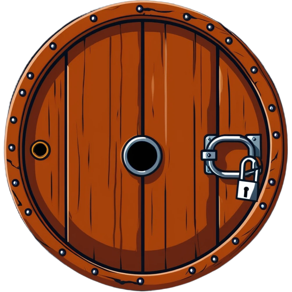 A rusty chain wrapped tightly around a round wooden hobbit-style door with a large padlock emoji