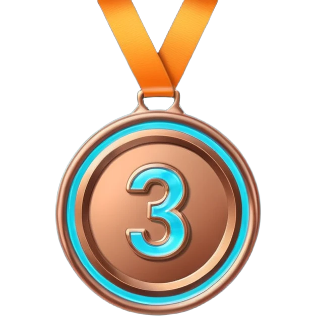 medal number 3, minimalistic bronze transparent glass 3d neon glowing emoji