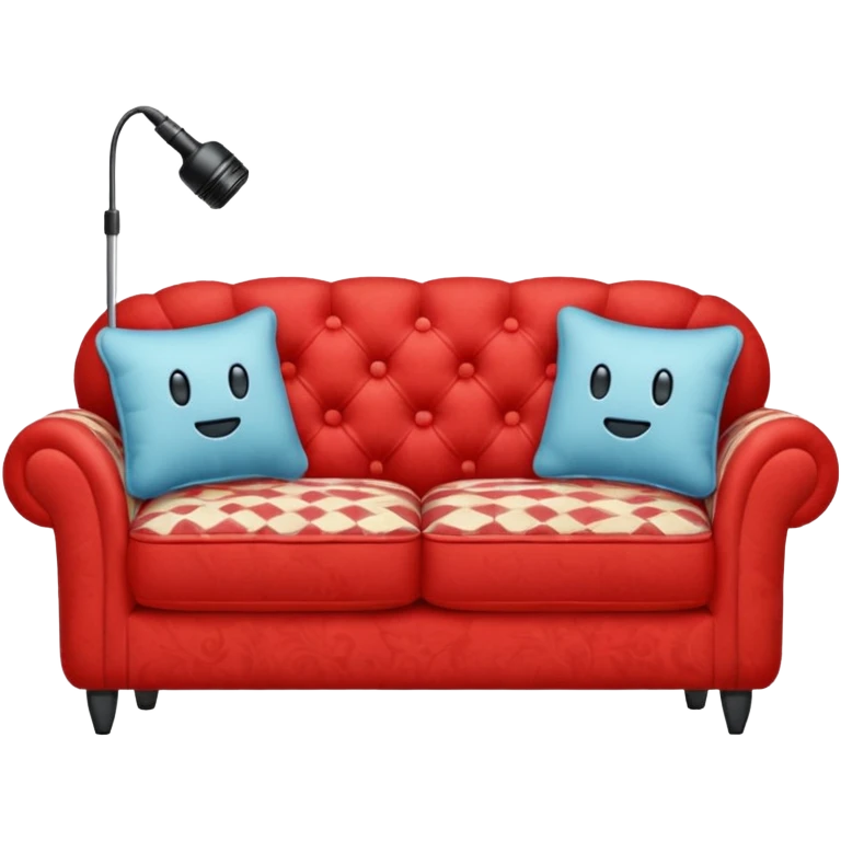 Red sofa with mic stand placed between two pilliwsy emoji