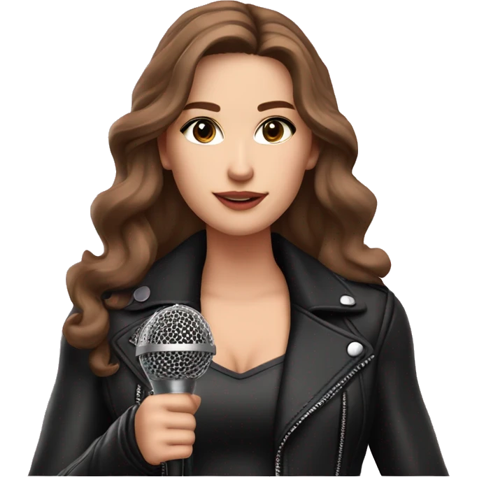 Pretty White Woman, Long Brown Wavy Hair, Brown Eyes, with black eyeshadow Wearing A Pink Dress and a Black Leather Jacket, holding a microphone  emoji