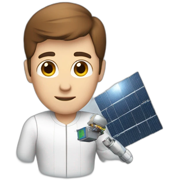 Tall white man with brown hair fixing a small satellite emoji