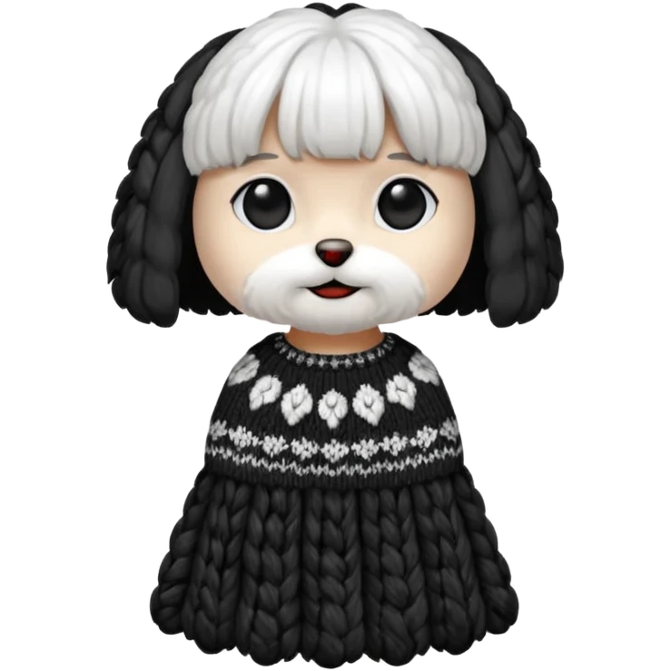 Maltese seduto in bianco e nero con vestitino in maglia emoji