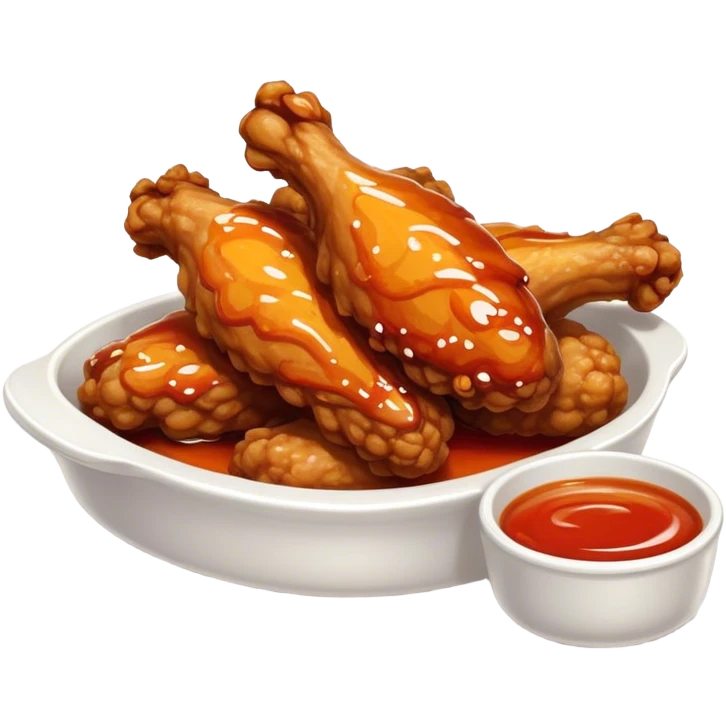 Cinematic crispy chicken wings, golden-brown and glazed with spicy sauce, crunchy coating, juicy inside, piled high with dipping sauce on the side, ultra-realistic and mouthwatering, inviting and bold. emoji