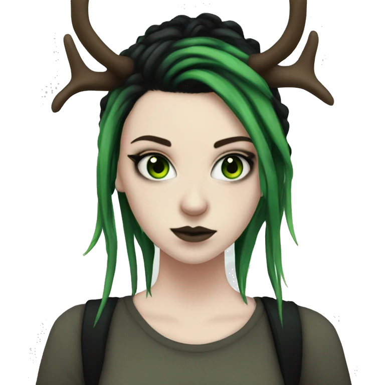 Emo girl, pale skin, green eyes, black dread-locks, eyeliner, deer antlers  emoji