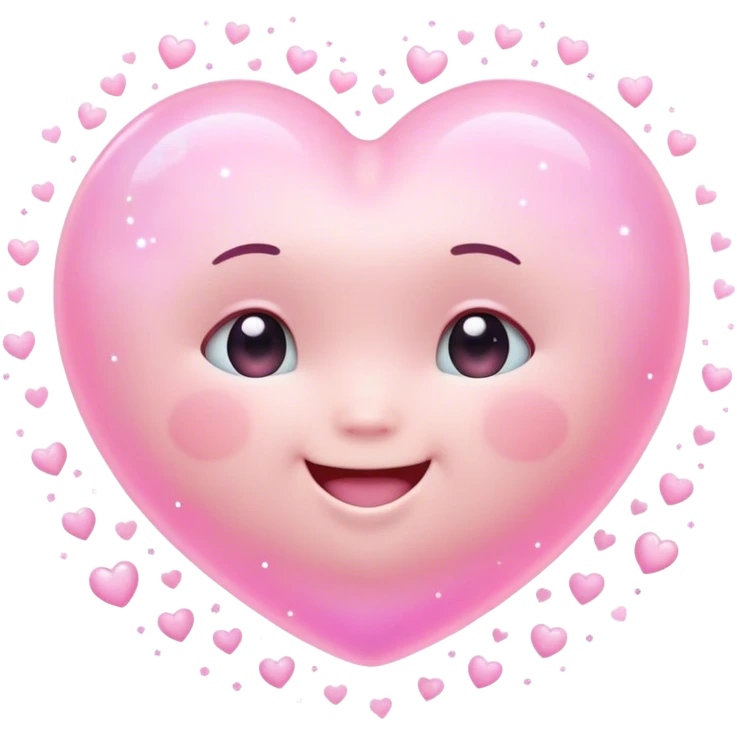 Cinematic floating soft heart, chubby round edges, pastel pink glow, tiny smiling face, surrounded by dreamy sparkles, gentle and loving. emoji