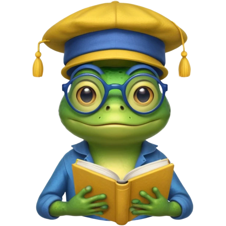 frog wearing yellow hat with glasses and blue book emoji