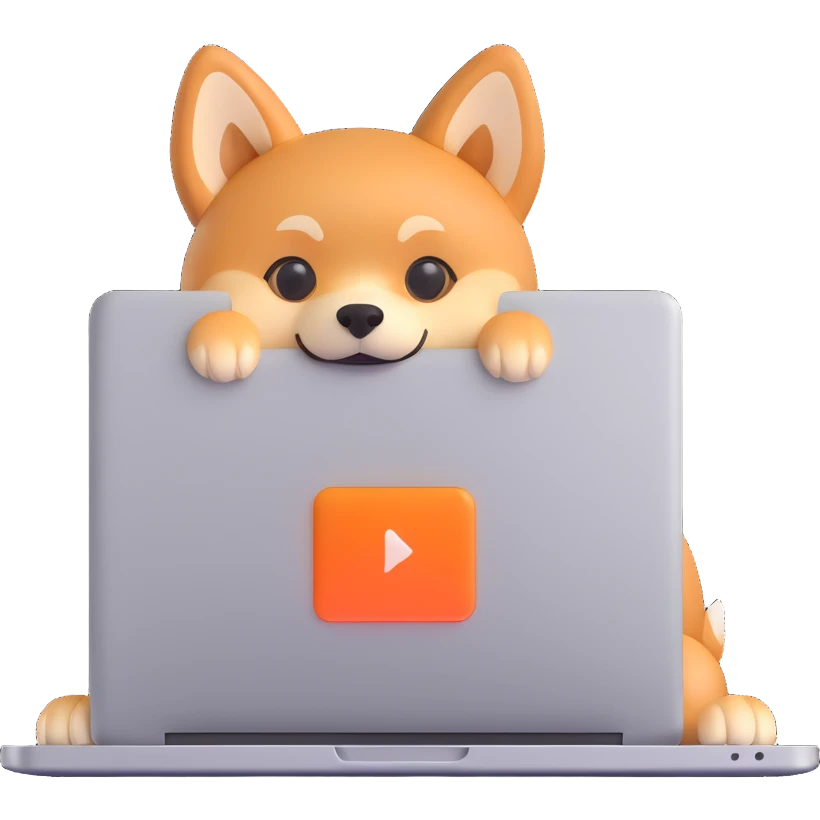 expressive Shiba Inu dog mascot Horus with tan orange fur and pointy ears, peeking from behind a silver MacBook with glowing screen, modern iOS Genmoji style, 3D, rounded, soft shadows, glossy, tight centered framing, white or transparent background, adorable and emoji-like emoji