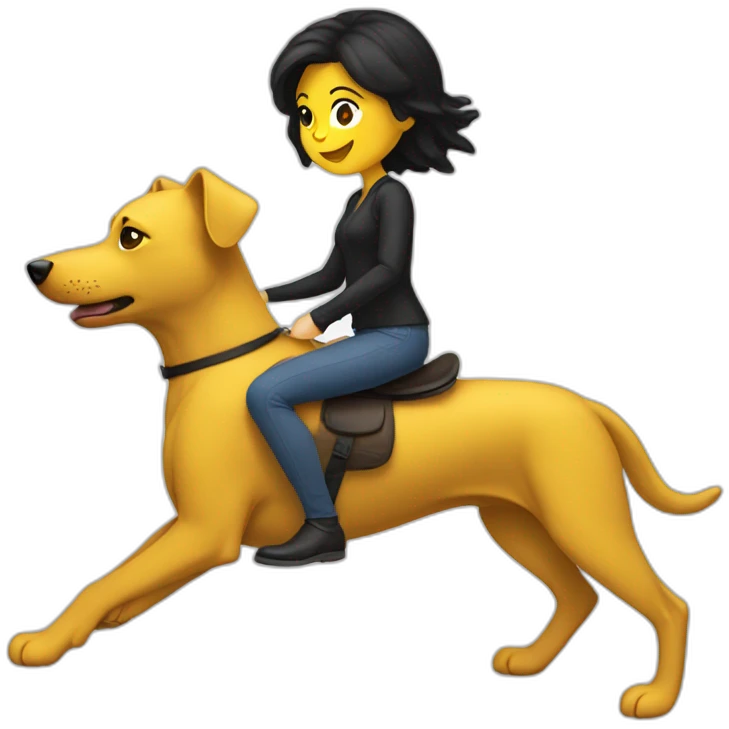 White woman with a black hair ridding a yellow dog emoji