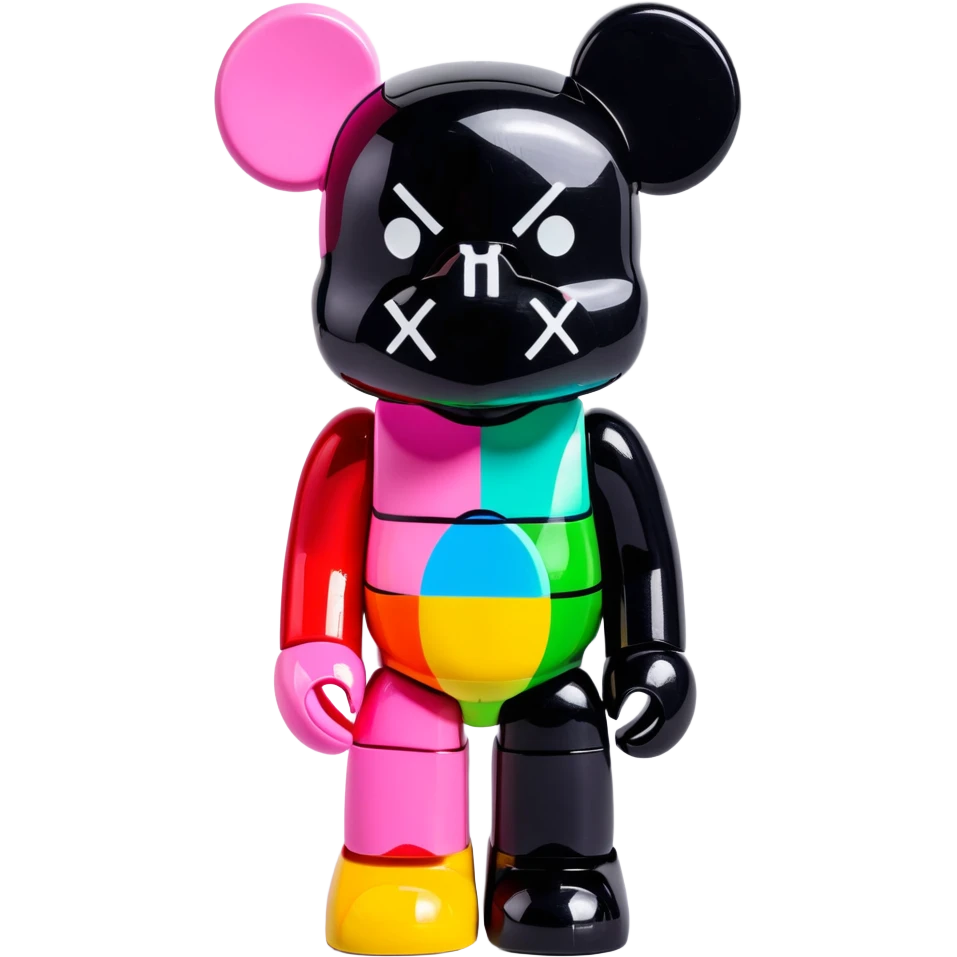 Bearbrick figure with classic KAWS crossed-out X eyes, colorful bear-shaped collectible toy with articulated limbs emoji