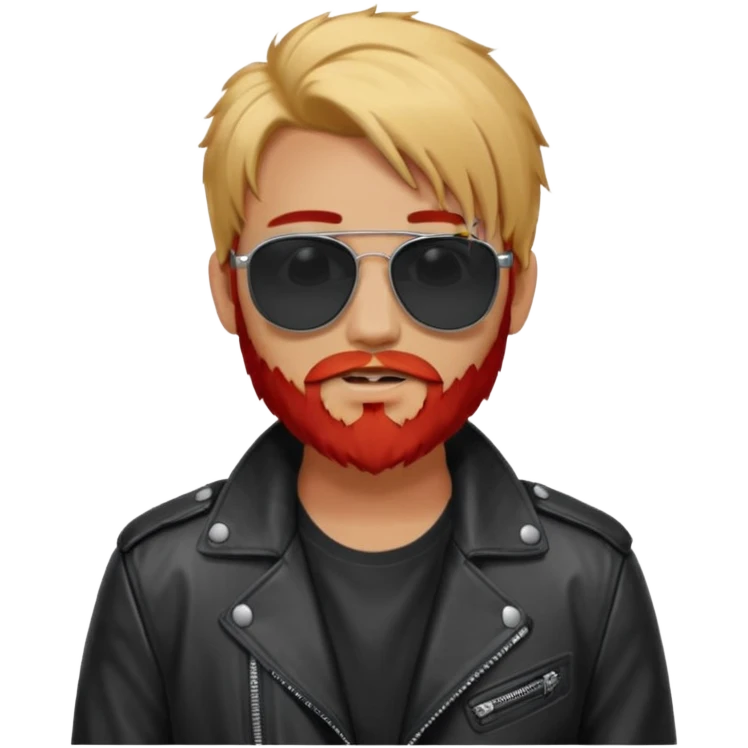 generate an ios genmoji of a 20 year old tan boy with black sunglasse Wearing a leather jacket. Has a dyed blonde beard and veryyyyy long red emoji