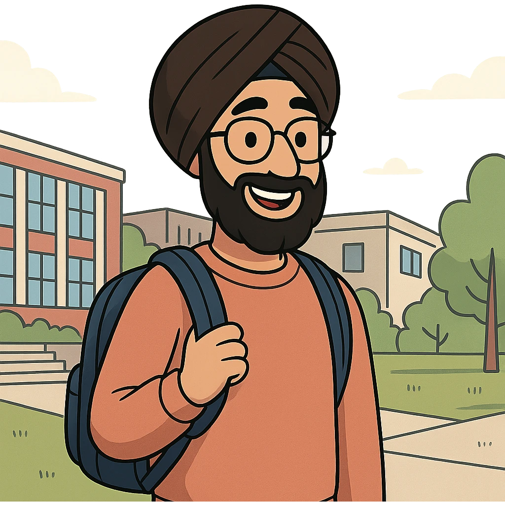 university sikh boy cartoon style with backpack glasses modern campus background smiling emoji