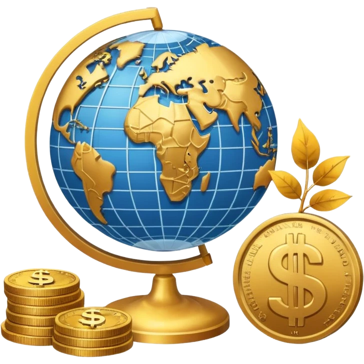 An icon featuring  a dollar sign, and a chart with upward trends, symbolizing economics. The design includes coins, bills, and a globe, representing global trade and financial systems. Transparent background highlights the study of markets, supply, and demand. emoji