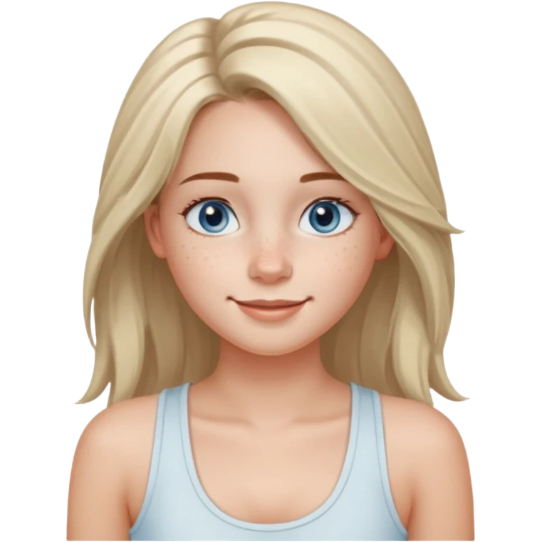 Una chica de tez blanca con pecas, nariz respingada, labios gruesos, ojos grandes color azul grisáceo, pelo largo, lacio, color avellana. Con una blusa de tirantes blanca. Que este sonriendo y q solo se vea de la cintura hacía arriba emoji
