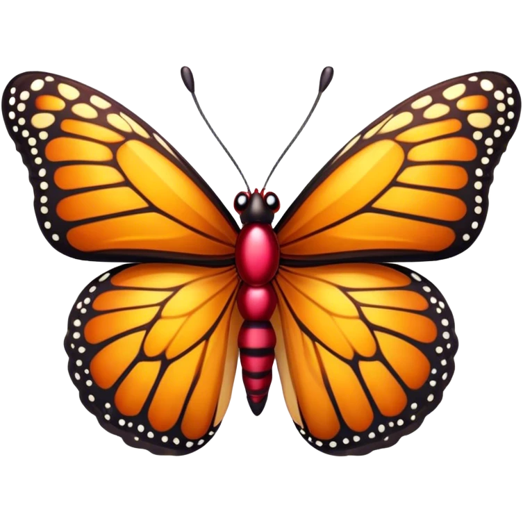 Cinematic Realistic Cute monarch Butterfly Portrait Emoji, Head tilted playfully and inquisitively, featuring vibrantly patterned ruby wings with intricate detailing and a charming, petite body with round, sparkling eyes full of warm curiosity, rendered with lifelike precision and natural highlights, high shine, affectionate and spirited, styled with a touch of whimsical garden delight, soft glowing outline, capturing the essence of a mischievous yet lovable monarch butterfly that seems poised to flutter playfully into your arms! emoji