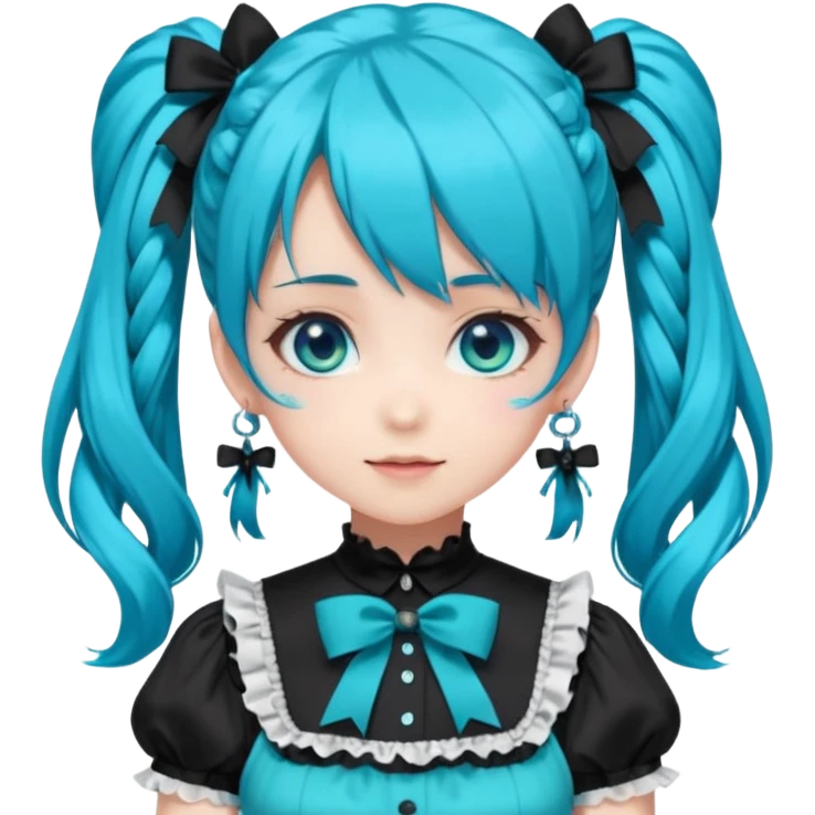 anime-style female character with bright turquoise hair styled in twin tails and matching blue eyes. Her outfit is a frilly turquoise and black dress in a Lolita-esque style, heavily contrasted with black ribbons and trim. A key detail is the "AWP" logo in black on the chest. VERY happy variant emoji
