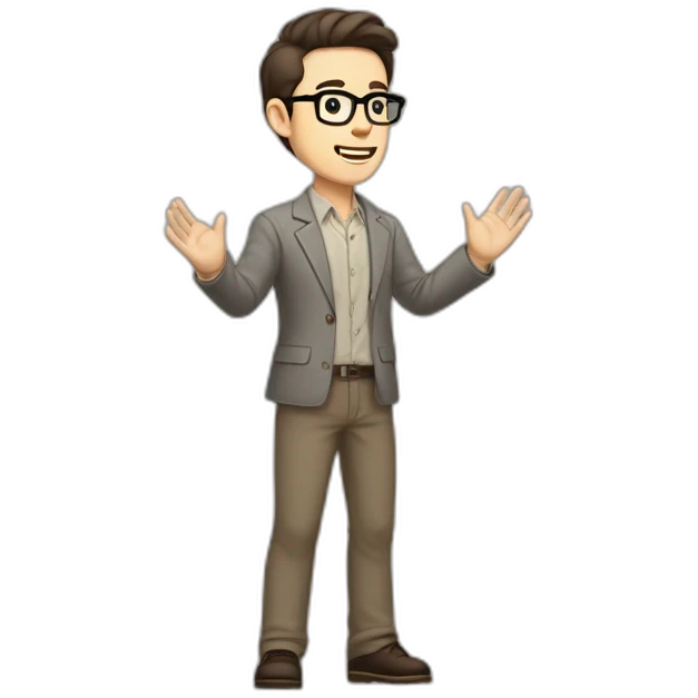 Full height Pale skinned Fit Man With dark brown hair in gray classic jacket, beige office shirt, Brown pants and vintage glasses. Thrumbs of his palms upwards emoji