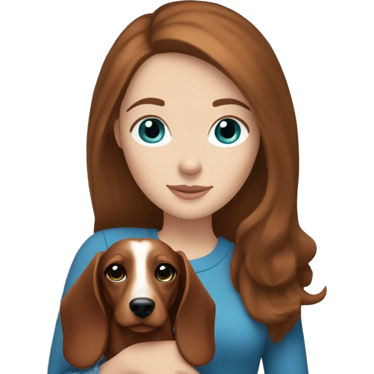 White girl with straight brown hair and blue eyes holding a red dachshund  emoji