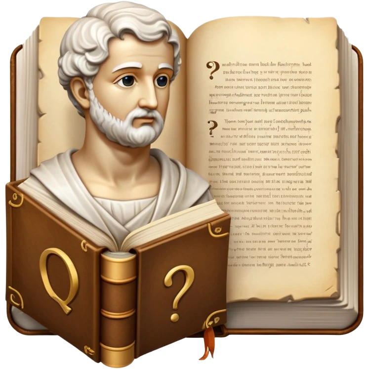 An icon featuring a classical bust, a book, and a question mark, symbolizing philosophy. The design includes a scroll with ancient text, evoking deep thought and intellectual inquiry. Transparent background highlights the search for knowledge and meaning emoji