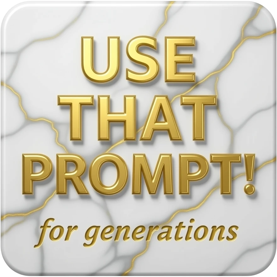 A luxurious uppercase text 'USE THAT PROMPT!' small size text 'for generations' crafted from polished white Carrara marble with deep veins of more glowing liquid gold flowing through it. High-end jewelry aesthetic, soft studio lighting, elegant and Luxurious Marble Letter. emoji