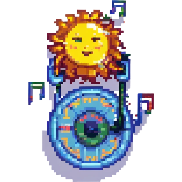 Add floating musical notes around the sun DJ in pixel art style with no background. emoji