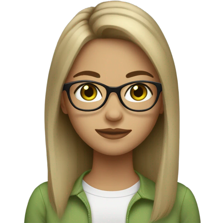 Girl with green eyes and lashes and Longbob Brown Hair and dark blond highlights and she wears glasses emoji