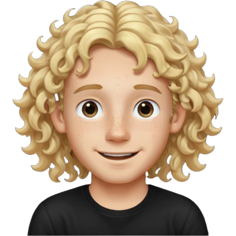 blonde boy with long curly hair past his ears, smiling, wearing a black shirt with freckles emoji