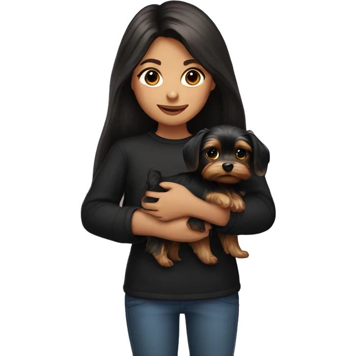 A brunette girl with long hair in a black long sleeve holds a Yorkshire terrier puppy in her arms emoji