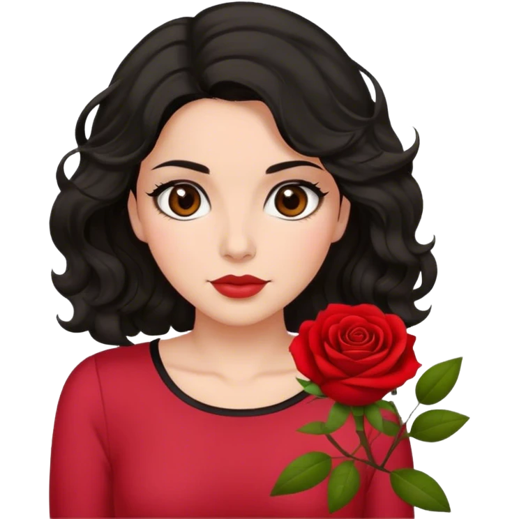 Olive brown eyed women with black wavy hair rose background red top emoji