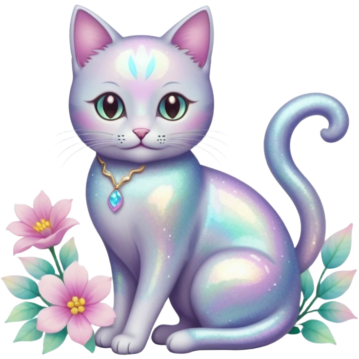 Pastel iridescent shiny ethereal elegant pretty beautiful realistic glossy glittery cat with flowers and pastel colors aesthetic emoji