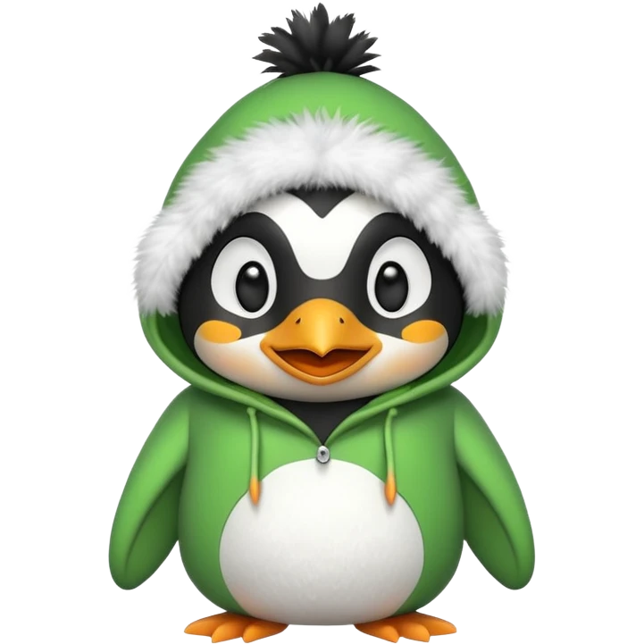 A cute penguin with a frog hoodie with a smile, smiley face in the middle emoji