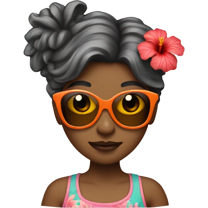 Girl with wavey hair with hibiscus flower and sunglasses emoji