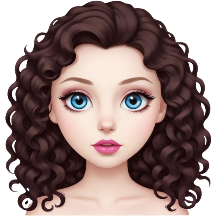 beautiful girl with big blue eyes, long lashes, pale skin, nice pink lips, and long & voluminous dark brown curls. she has baddie energy. we see her whole head down to her chest emoji