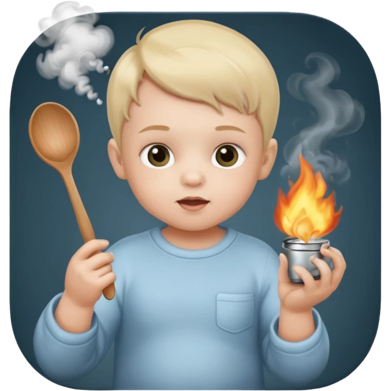Baby with a spoon in one hand and lighter in the other with smoke coming off the spoon.  emoji