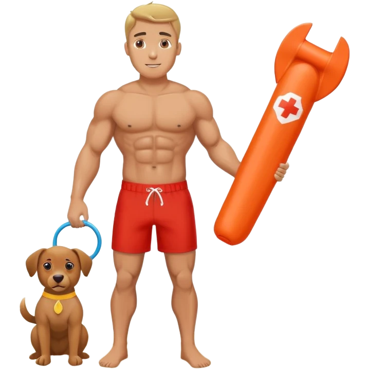 Muscular lifeguard man on beach with rescue tube emoji