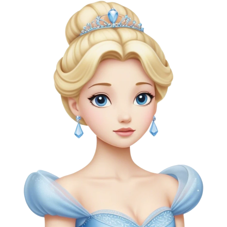 Cinematic Realistic Cinderella Portrait, depicted with lifelike porcelain skin, elegantly styled blonde hair, and a serene, graceful expression. Dressed in her classic ball gown with intricately detailed fabric textures and delicate pastel hues that catch soft, natural lighting, this portrait captures the timeless beauty of a fairy tale princess. emoji
