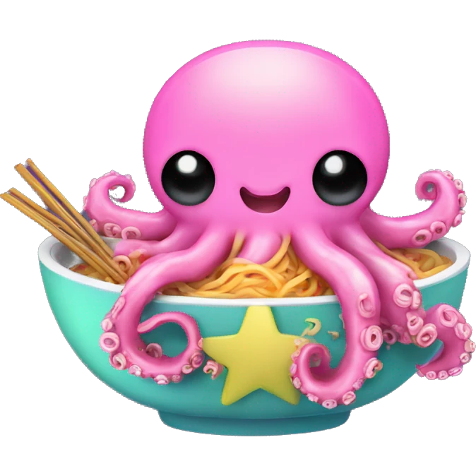 Kawaii neon star glitter octopus eating ramen emoji    emoji