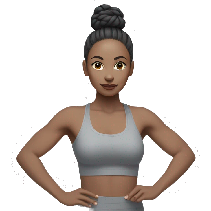 Pale skinned fit woman In a gray tight yoga suit and wristbands With black hair in a bun doing yoga emoji