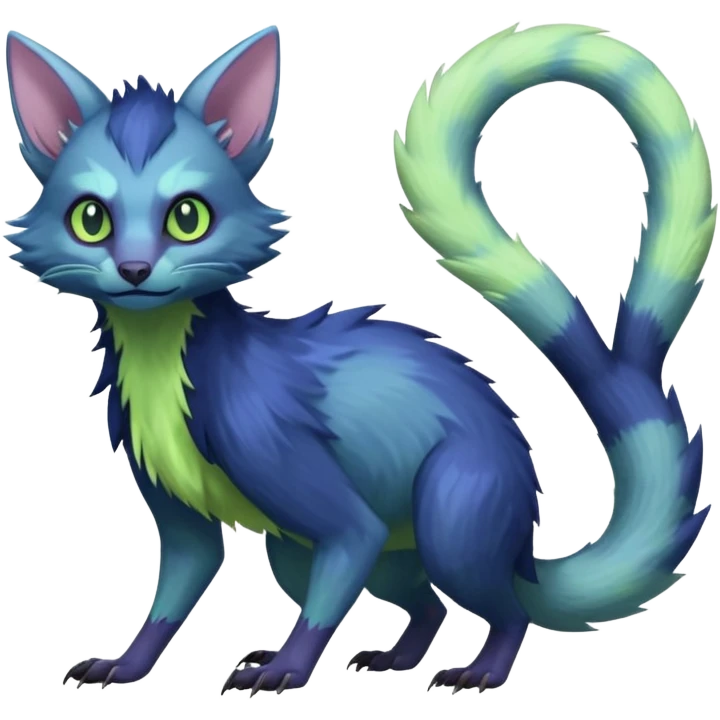 Realistic Sharp pastel-indigo and pastel lime-green detailed Colorful translucent luminescent Trico-Lykoi-Noibat-Sergal-Furret-Ferret-Wolverine-Vernid-furry-fursona-fusion-Fakemon-animal-hybrid-creature, full body emoji